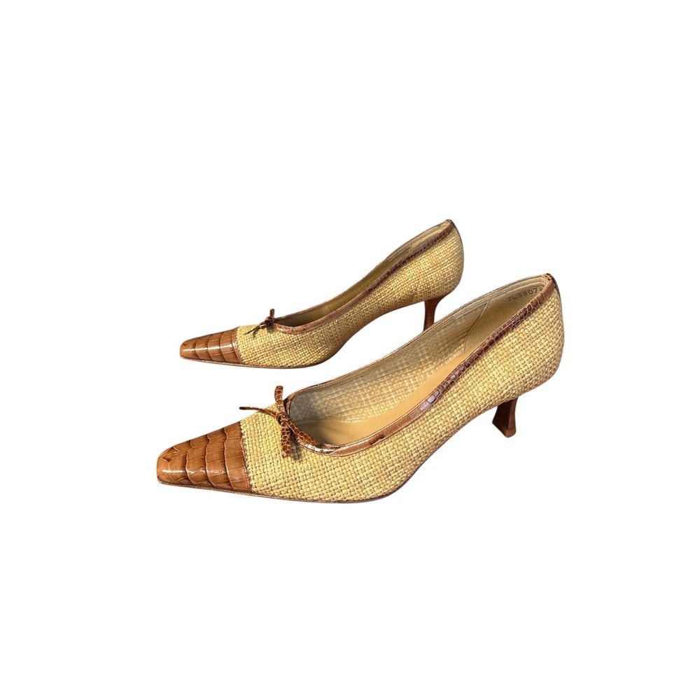 Vintage Stuart Weitzman Raffia Woven Croc Toe Kitten Heels Made in Spain 8.5 M